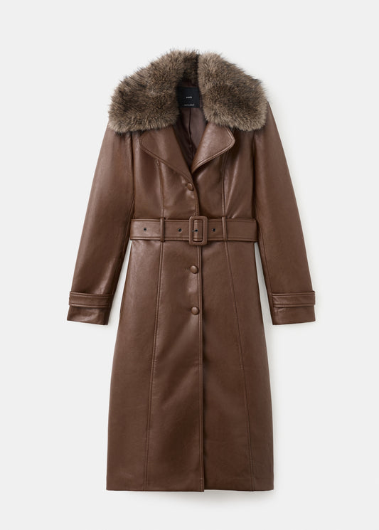 Leather-effect coat with fur collar