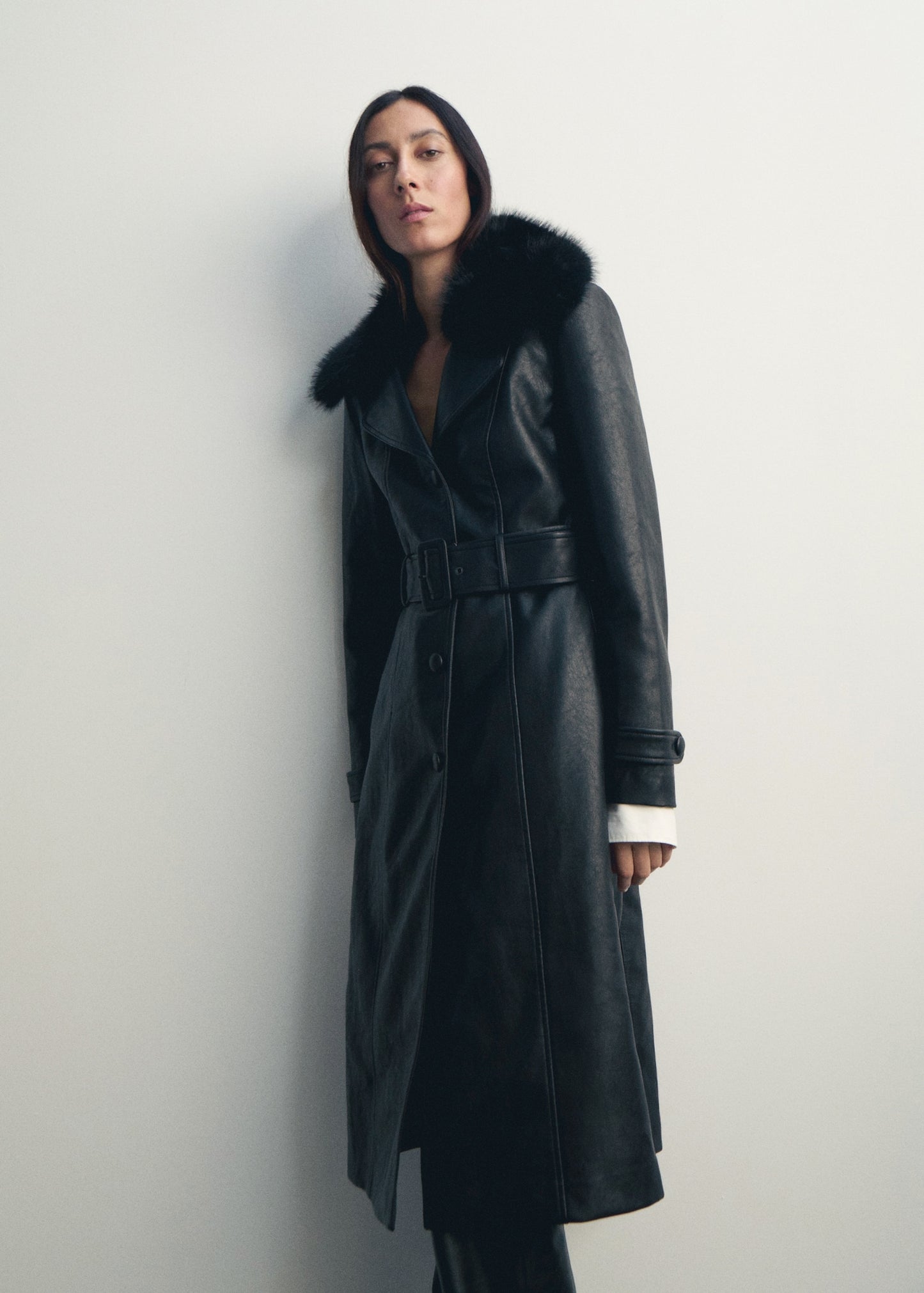 Leather-effect coat with fur collar