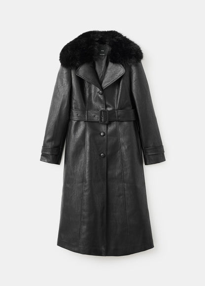 Leather-effect coat with fur collar