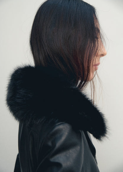 Leather-effect coat with fur collar