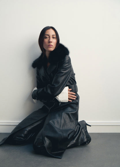 Leather-effect coat with fur collar
