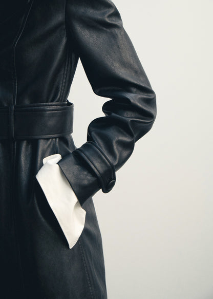 Leather-effect coat with fur collar