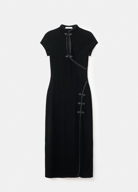 Velvet dress with toggle fastenings and slit