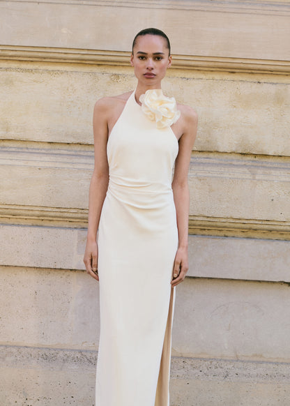 Draped halter-neck dress with flower motif