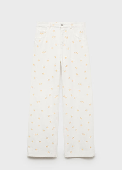 Flower-embroidered wide-leg jeans