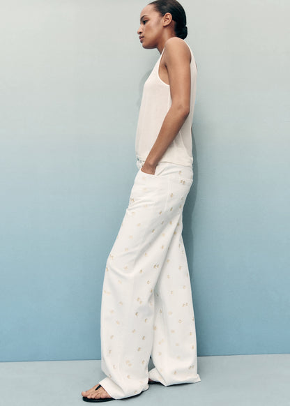 Flower-embroidered wide-leg jeans