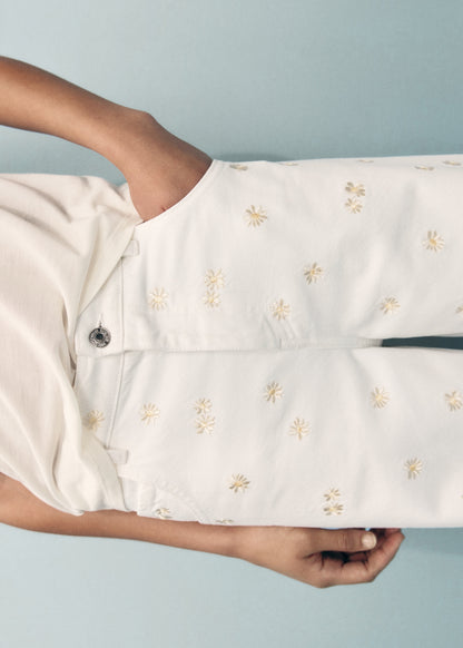 Flower-embroidered wide-leg jeans