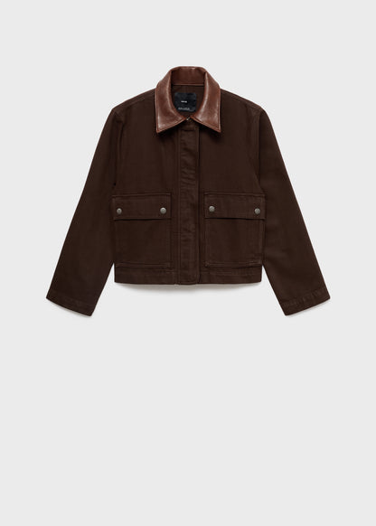 Denim parka with leather-effect collar