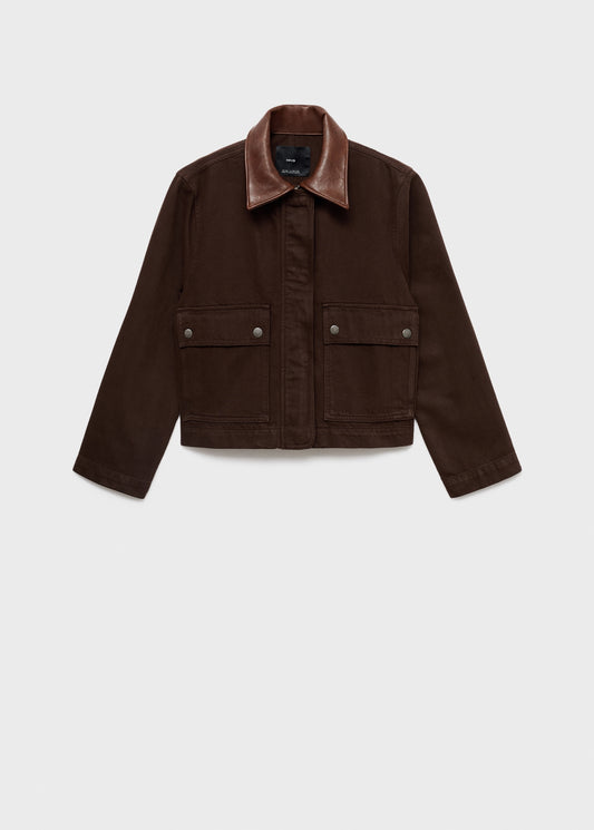 Denim parka with leather-effect collar