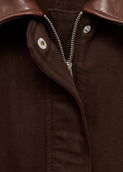 Denim parka with leather-effect collar