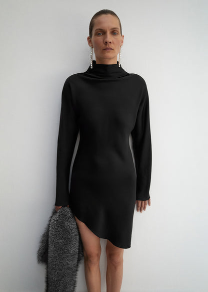 Asymmetrical satin-finish dress with asymmetrical hem