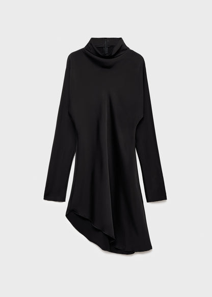 Asymmetrical satin-finish dress with asymmetrical hem