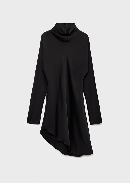 Asymmetrical satin-finish dress with asymmetrical hem