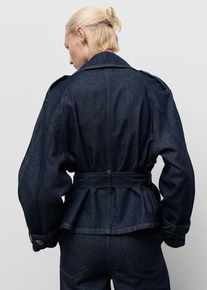 Short denim trench coat with belt
