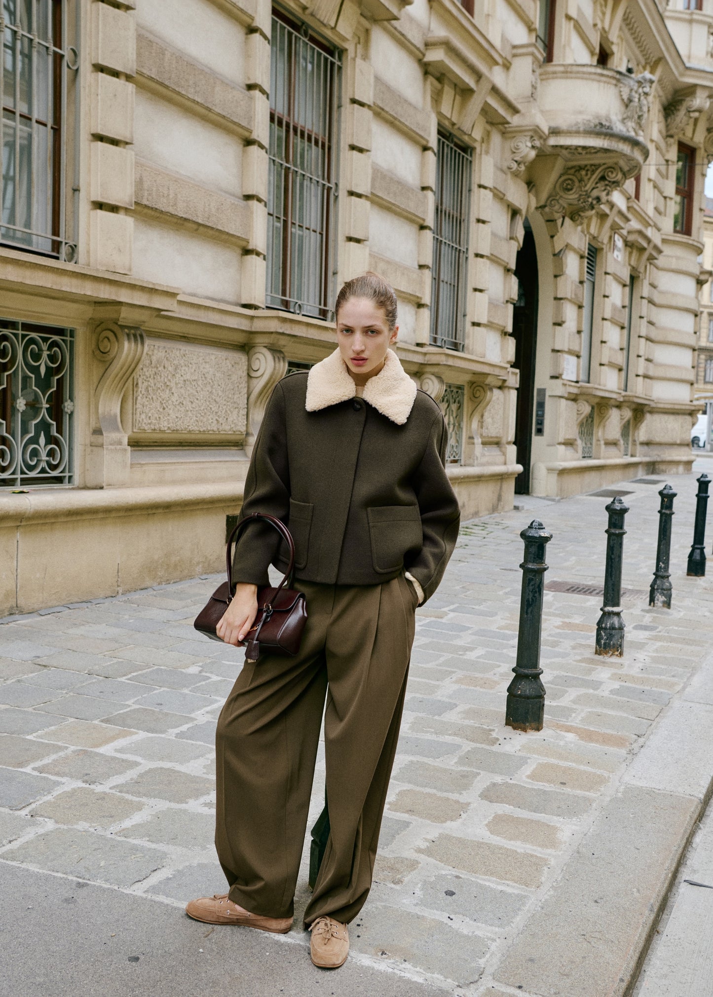 Wool blend jacket with shearling collar