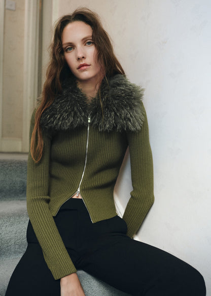 Combined zip-up faux fur cardigan