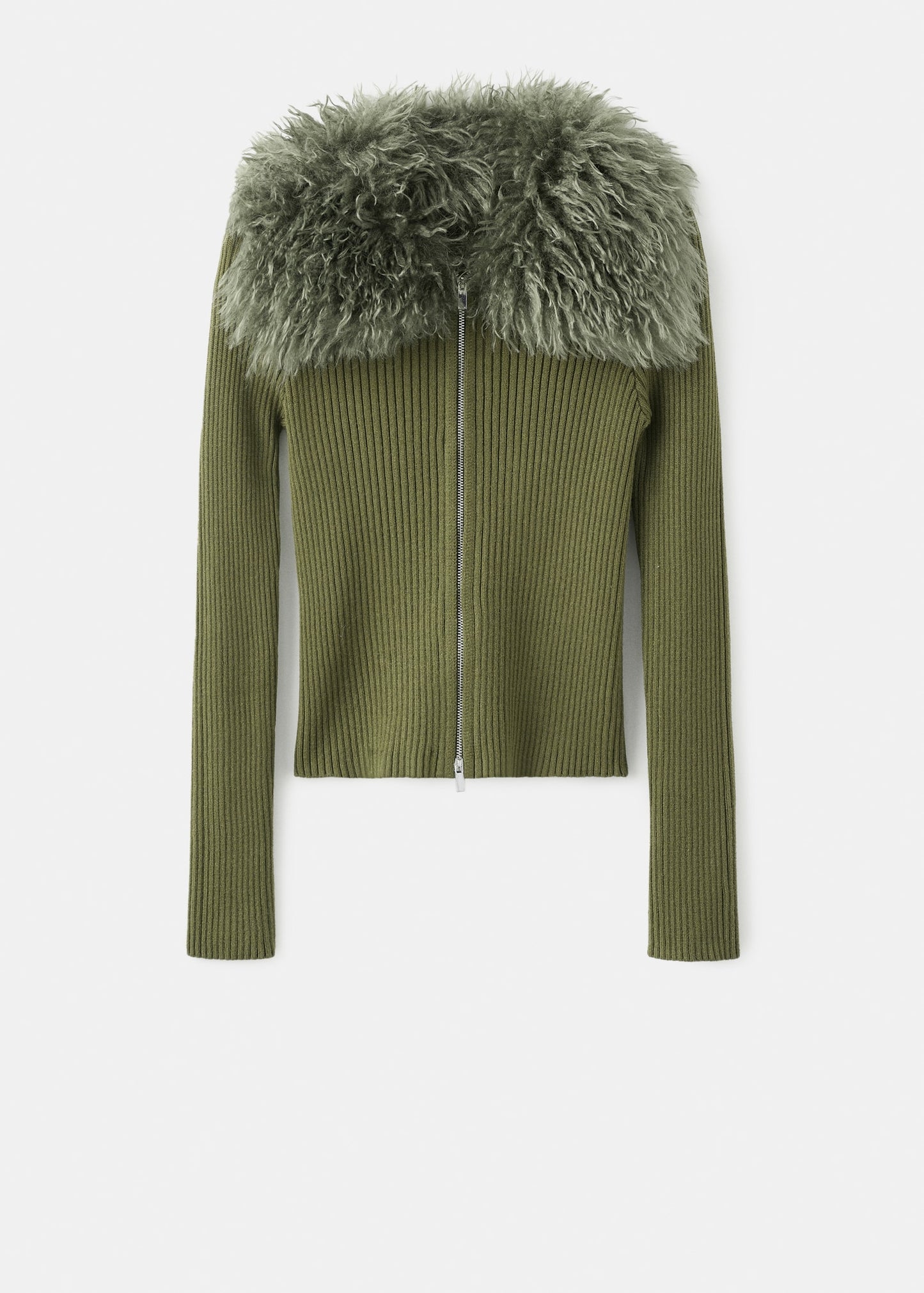 Combined zip-up faux fur cardigan