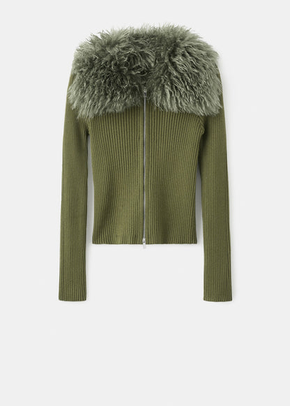 Combined zip-up faux fur cardigan