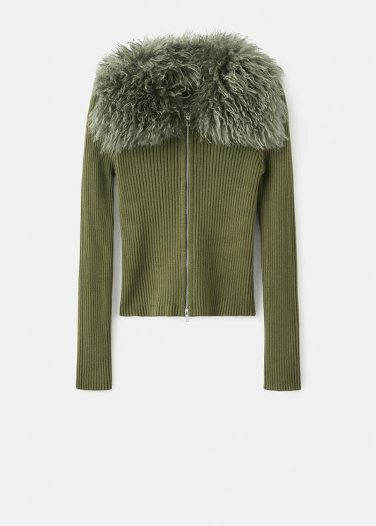 Combined zip-up faux fur cardigan