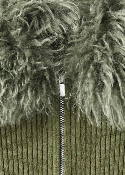 Combined zip-up faux fur cardigan