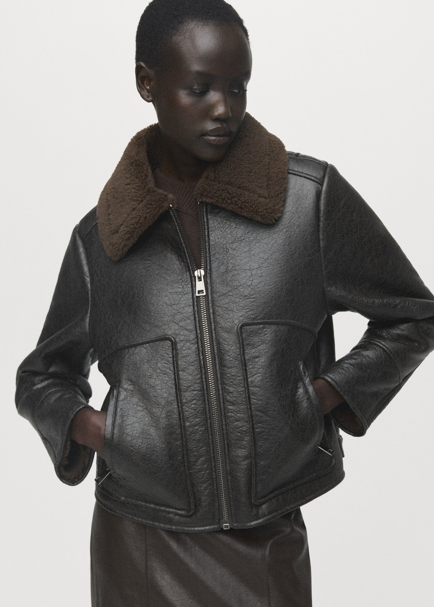 Leather-effect jacket with shearling collar