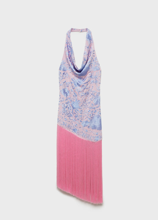 Asymmetrical dress with embroidered fringes