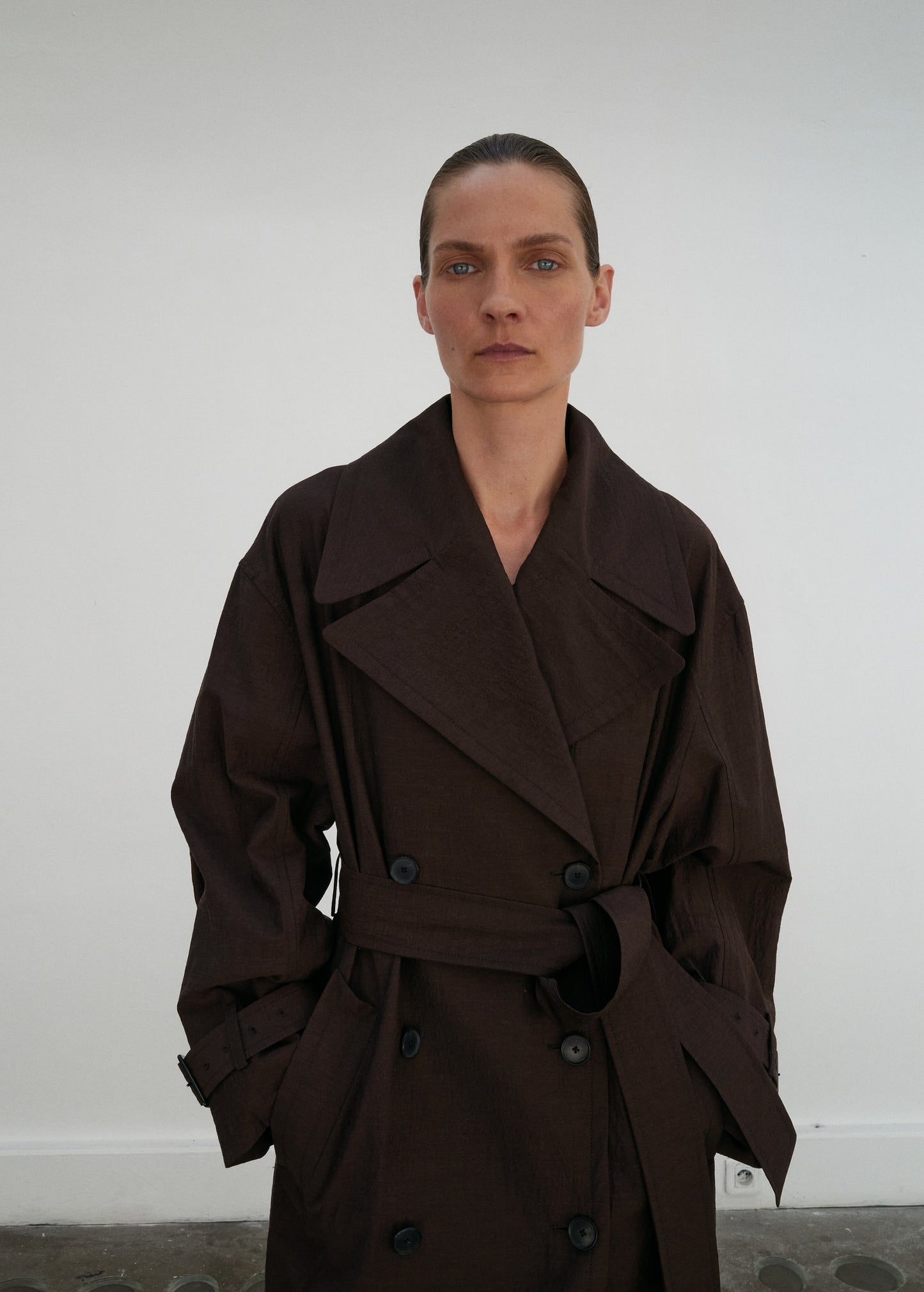 Long virgin wool trench coat