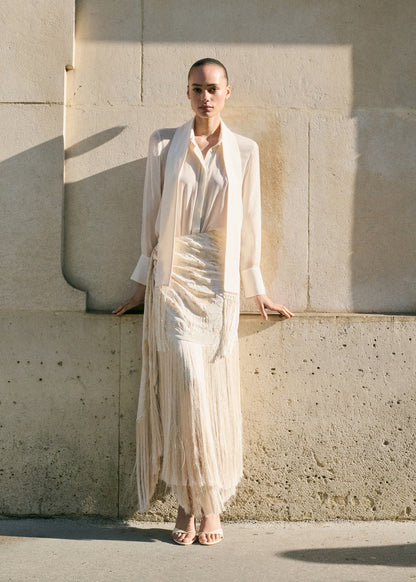 Embroidered fringe pareo-style skirt