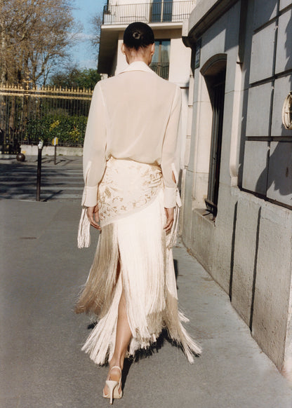 Embroidered fringe pareo-style skirt
