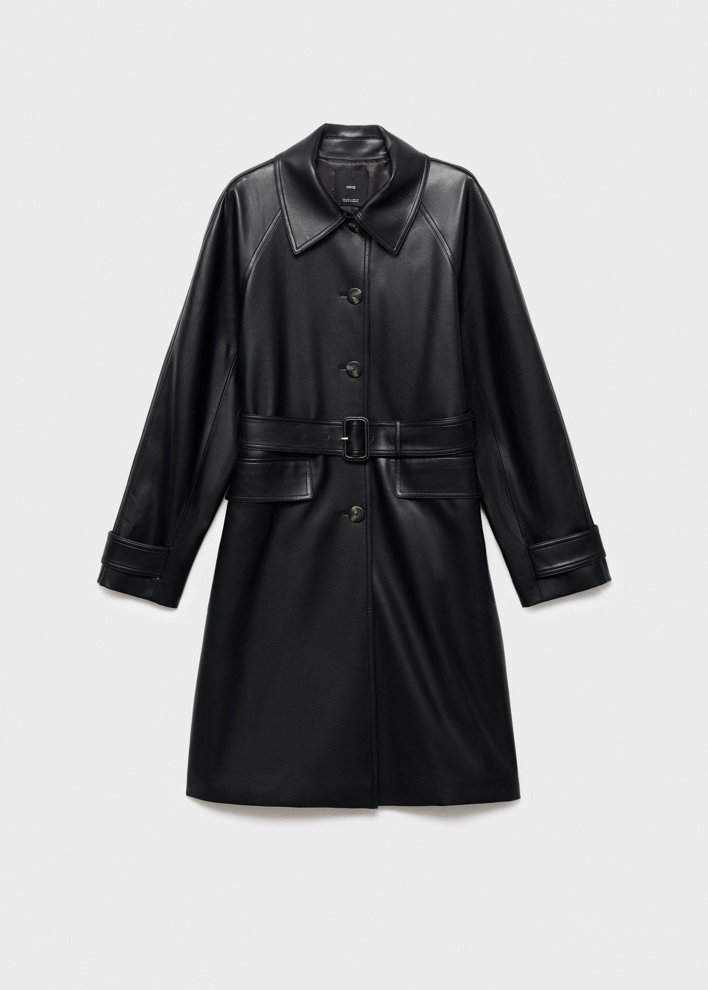 Long leather-effect trench coat with belt