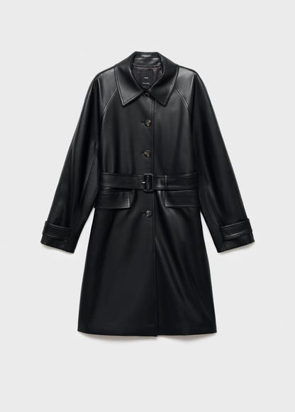 Long leather-effect trench coat with belt