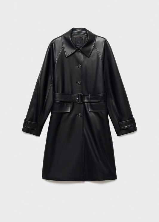 Long leather-effect trench coat with belt