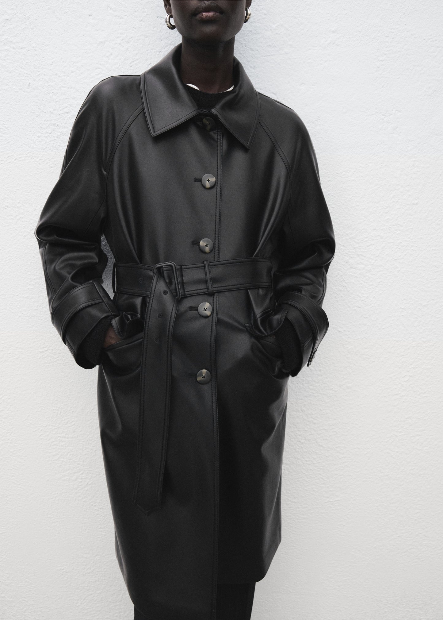 Long leather-effect trench coat with belt