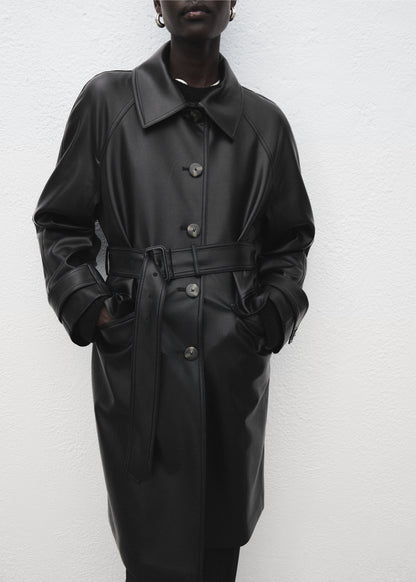Long leather-effect trench coat with belt