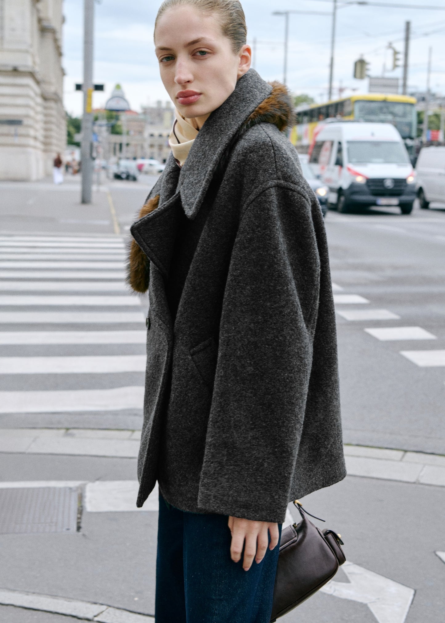 Wide lapel wool-blend coat