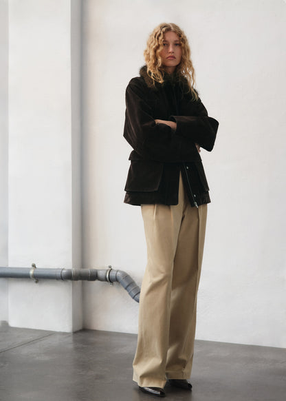 Velvet-finish parka with fur-effect collar