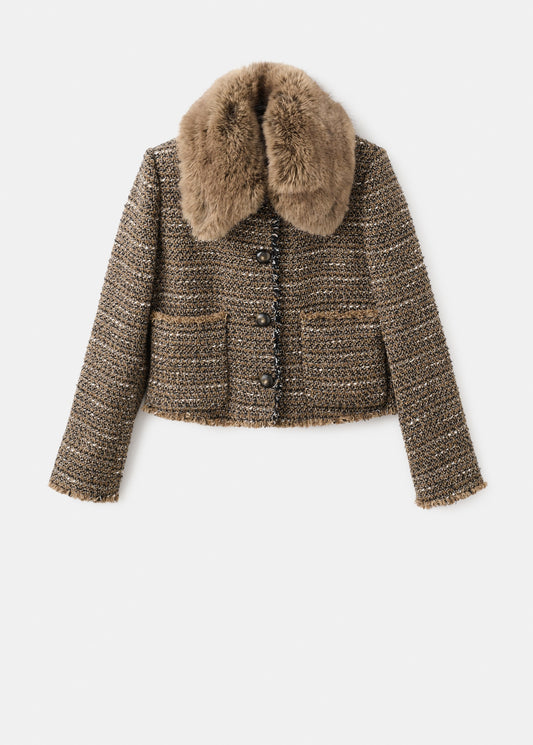 Tweed jacket with fur collar