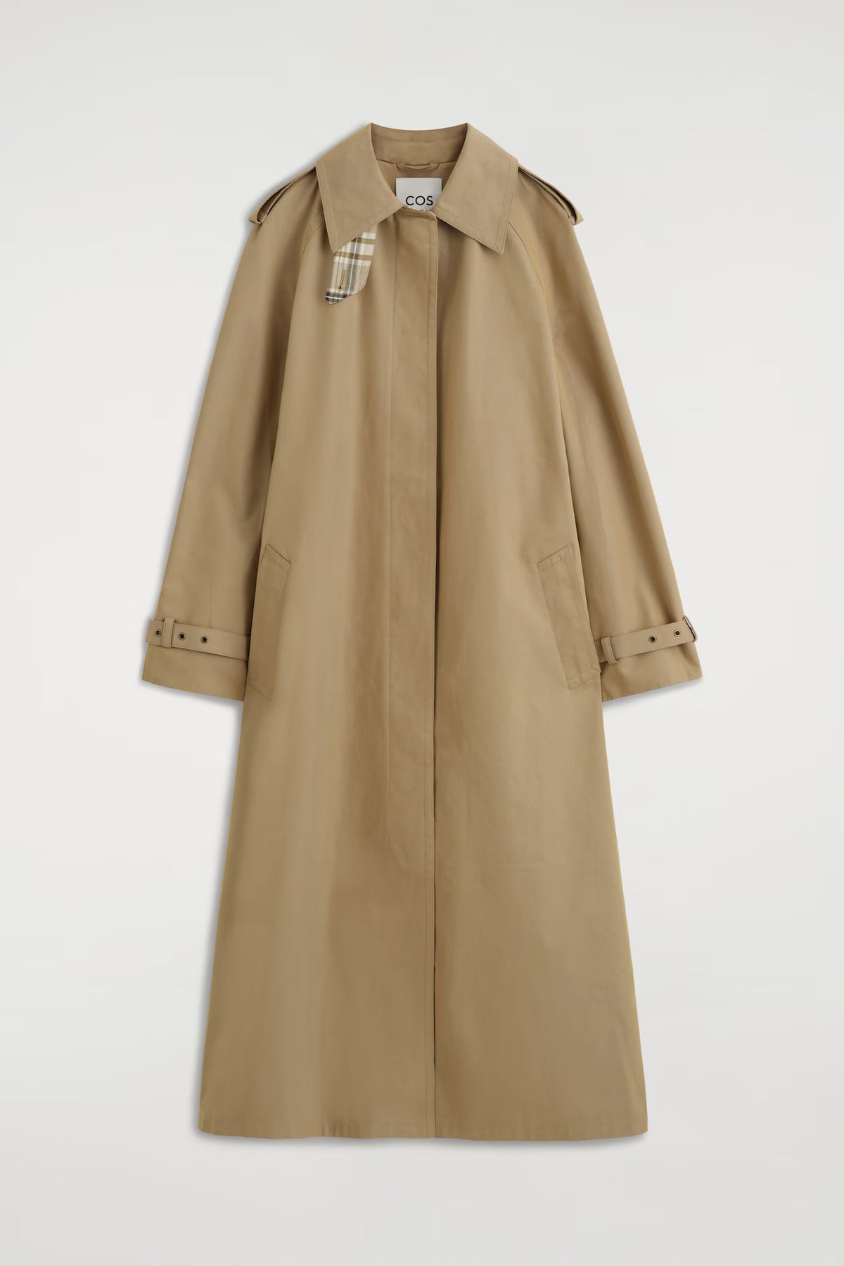 Check-Detail Belted Cotton Trench Coat