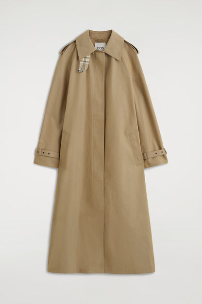 Check-Detail Belted Cotton Trench Coat