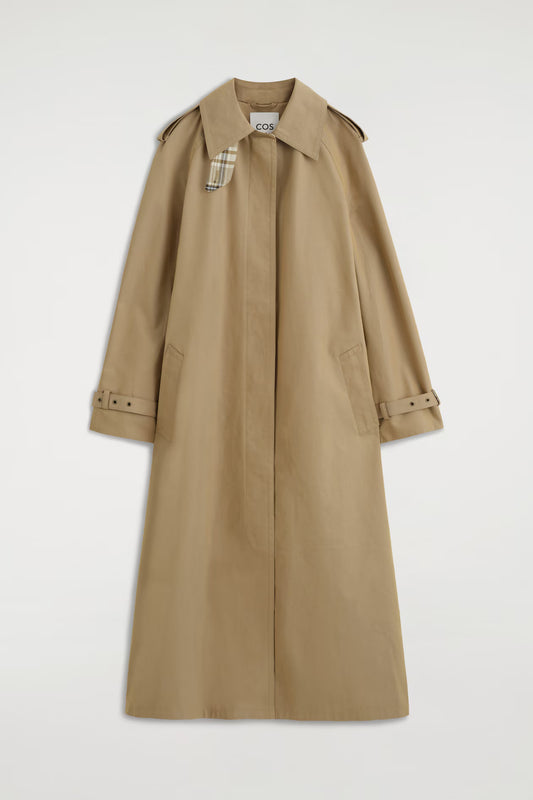Check-Detail Belted Cotton Trench Coat