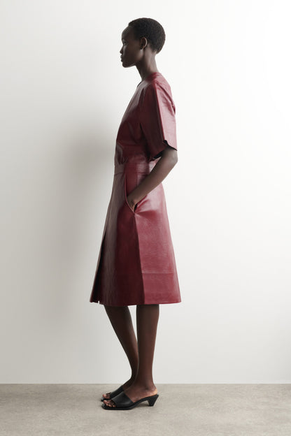 Pleated Textured-Leather Midi Skirt