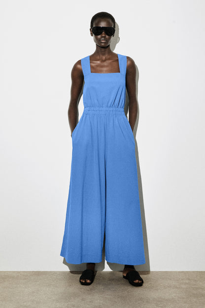 Open-Back Seersucker Wide-Leg Jumpsuit