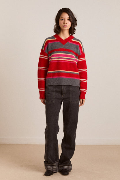 Rene Merino Wool V Jumper Pink/Red Stripe