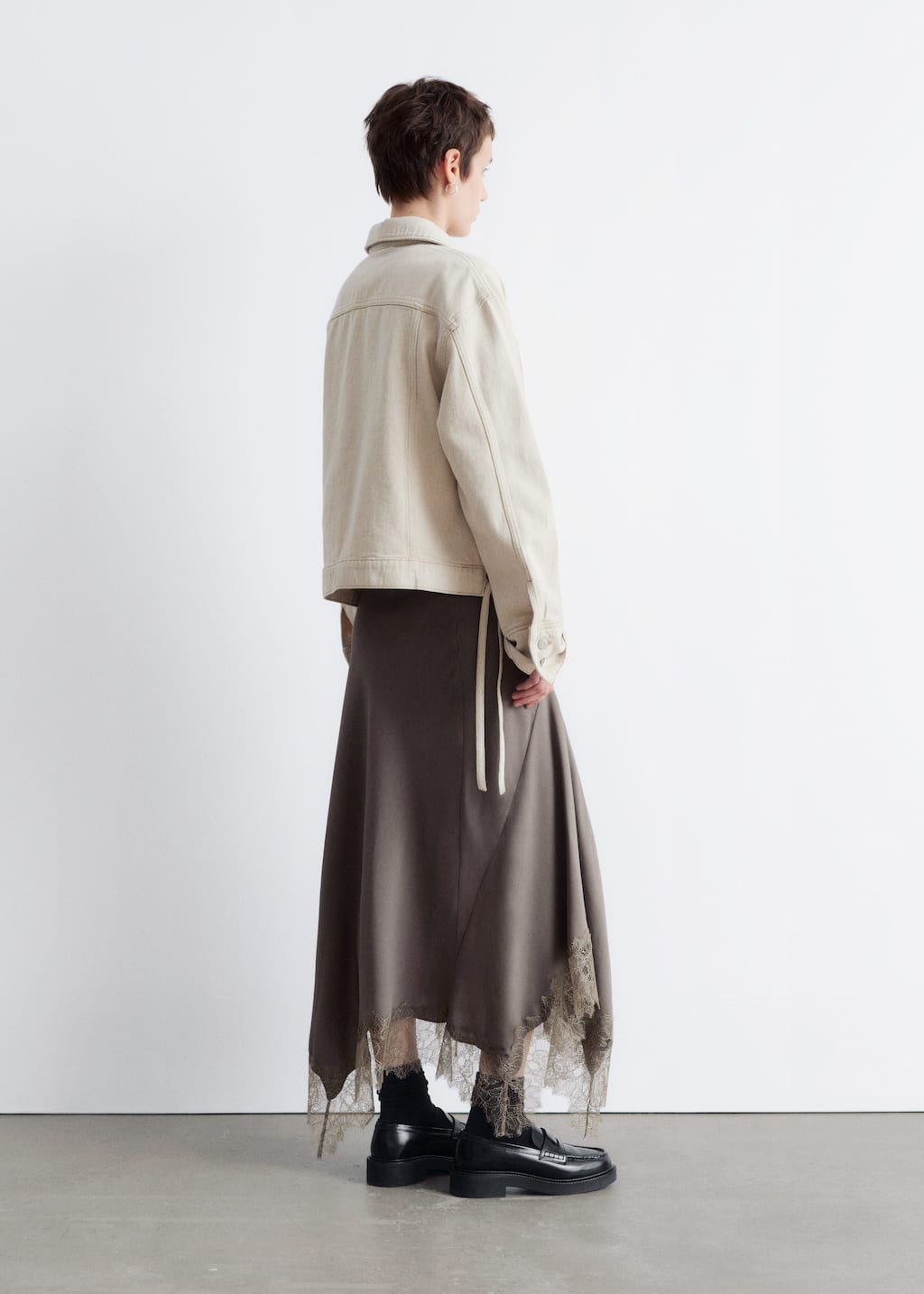 Asymmetrical Lace-Trimmed Midi Skirt
