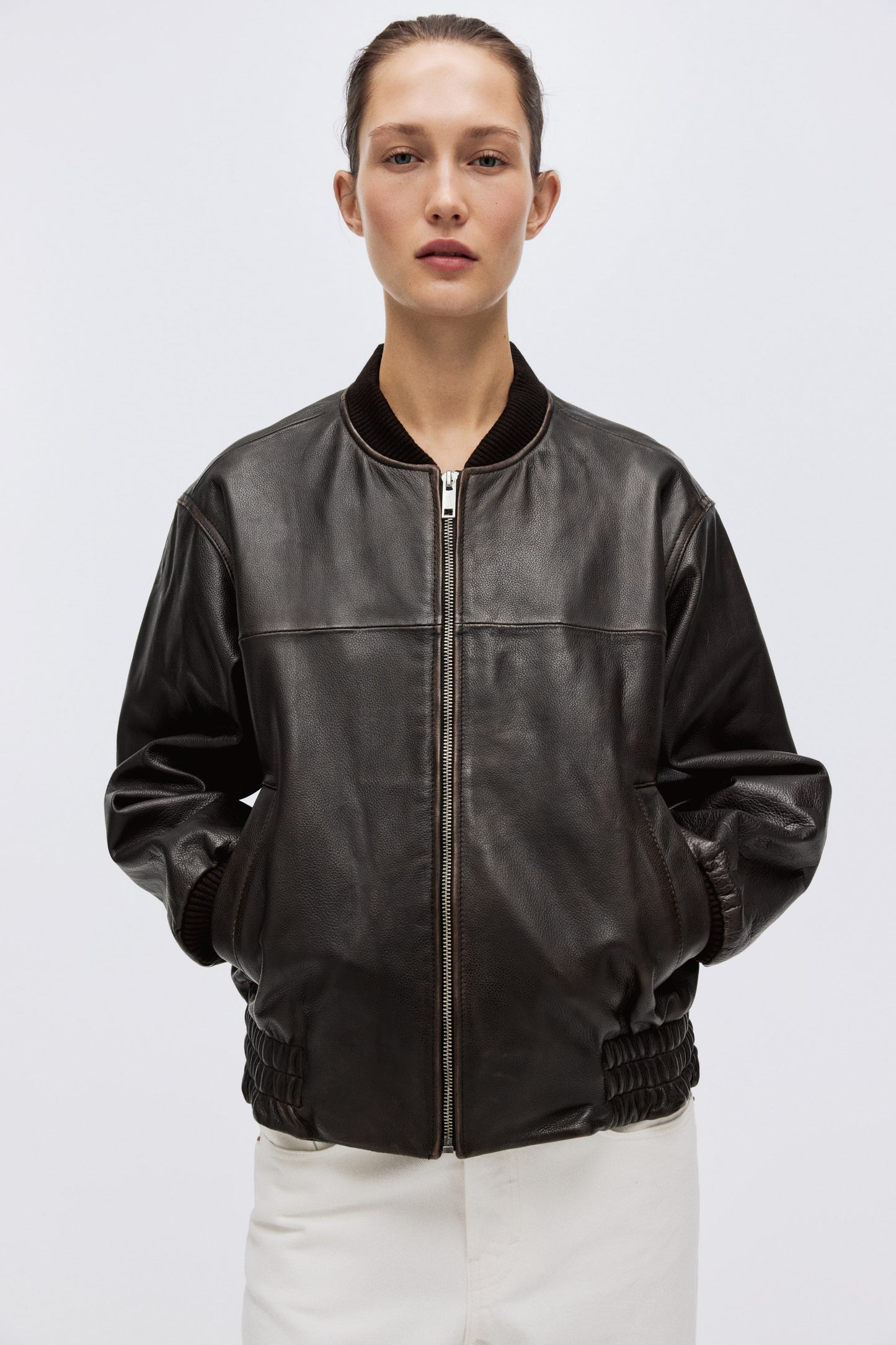 Leather bomber jacket