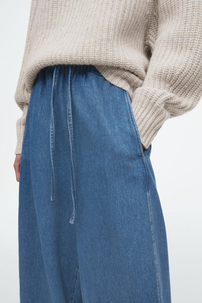 Barrel-Leg Denim Drawstring Trousers