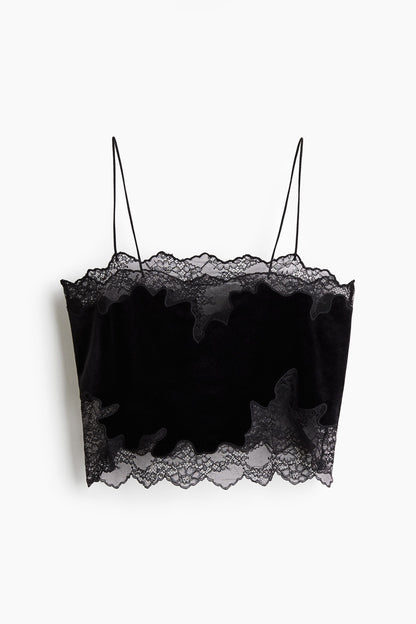 Lace-trimmed velour strappy top