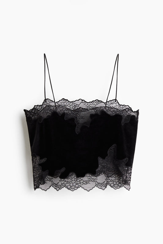 Lace-trimmed velour strappy top