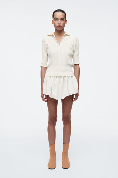Rib-knit silk polo top