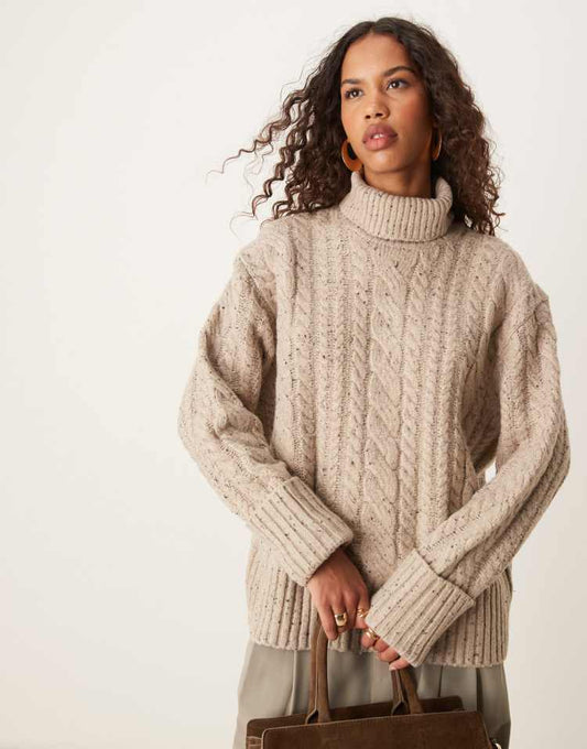 High neck cable jumper in neppy yarn